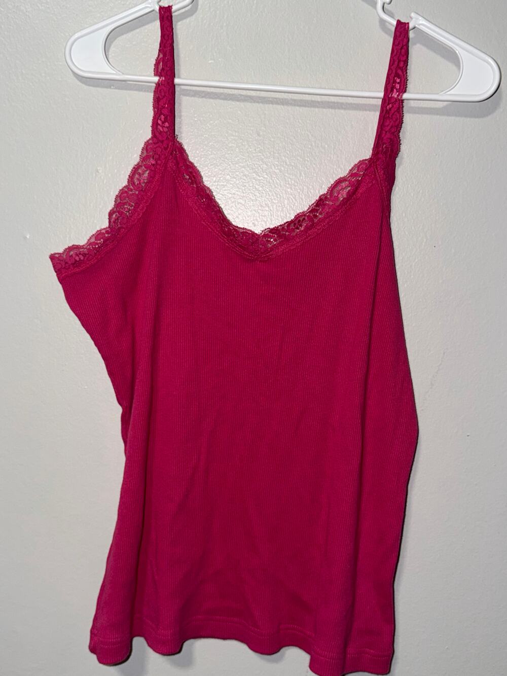 Via Touch Pink Ribbed Camisole Lace Trim Stretch Straps